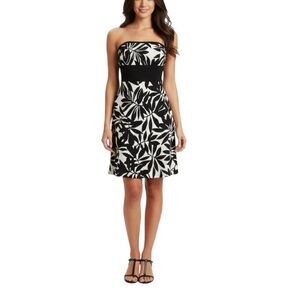 WHBM White House Black Market Black White Strapless Dress Tropical Floral 0